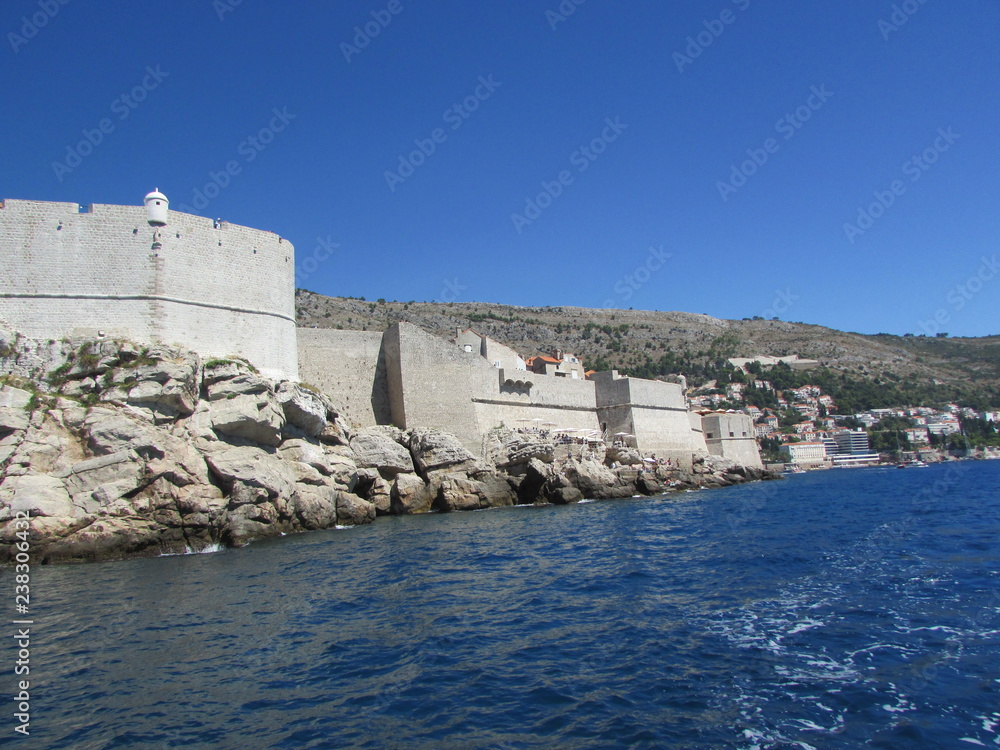 Fantastic view to Dubrovnik old town wall from the adriatic sea, Croatia