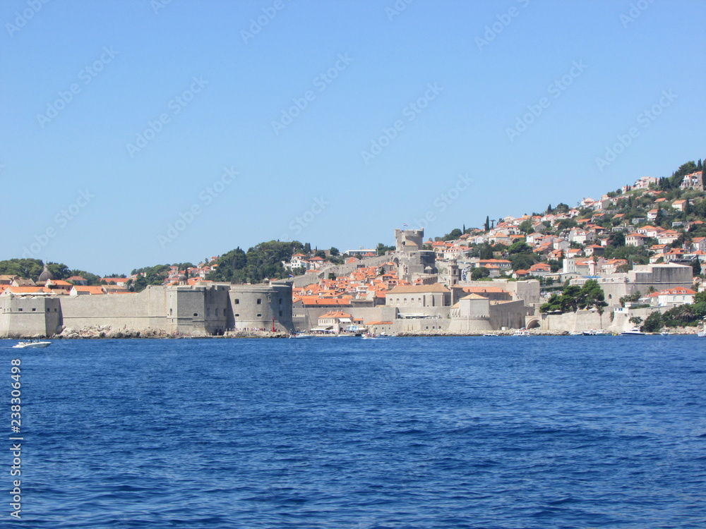 Panoramic view of all Dubrovnik old town from the adriatic sea, Croatia