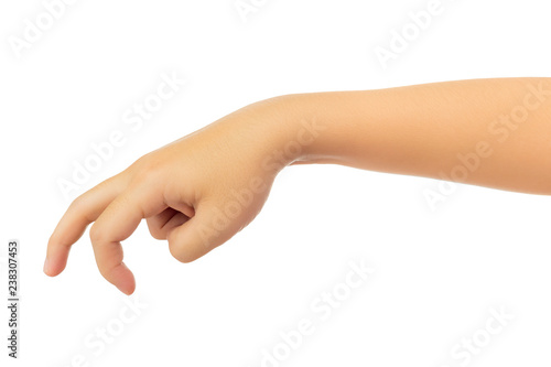 Human hand in showing one's hand in "walk" gesture isolate on white background with clipping path, High resolution and low contrast for retouch or graphic design