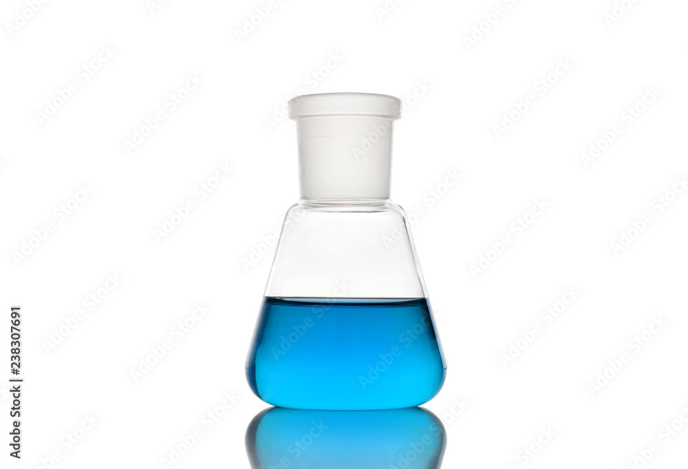 Erlenmeyer flask with blue liquid on white background Erlenmeyer flask with blue liquid on white background