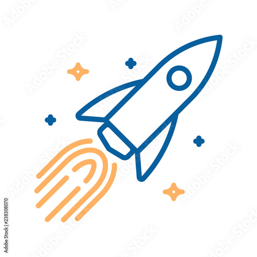Trendy thin line icon of a rocket in space with stars. Vector illustration of a spaceship for different concepts like space exploration, technology, science, engineering, business and startups