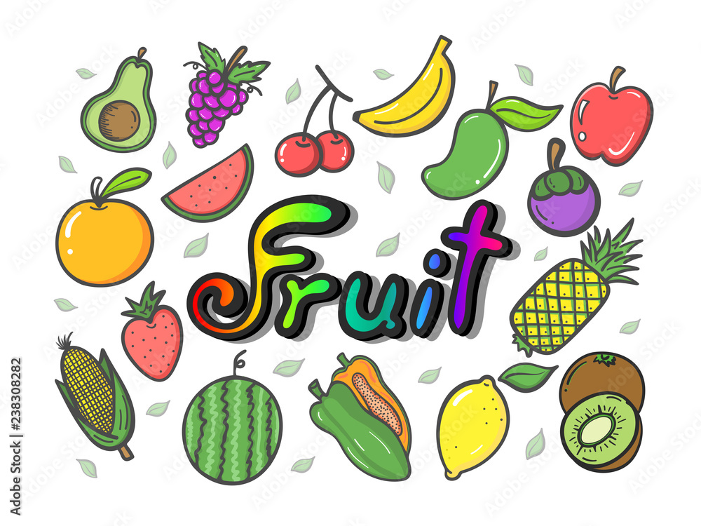 Set of doodle draw by hand on the tablet are fruits and calligraphy. Vector illustration. Set of doodle draw by hand on the tablet are fruits and calligraphy. Vector illustration.