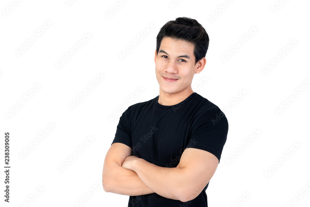 Smiling young Asian man in casual black t-shirt with arm crossed Stock  Photo | Adobe Stock