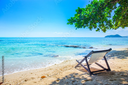 Beach Chair is located under the tree. © apichon_tee