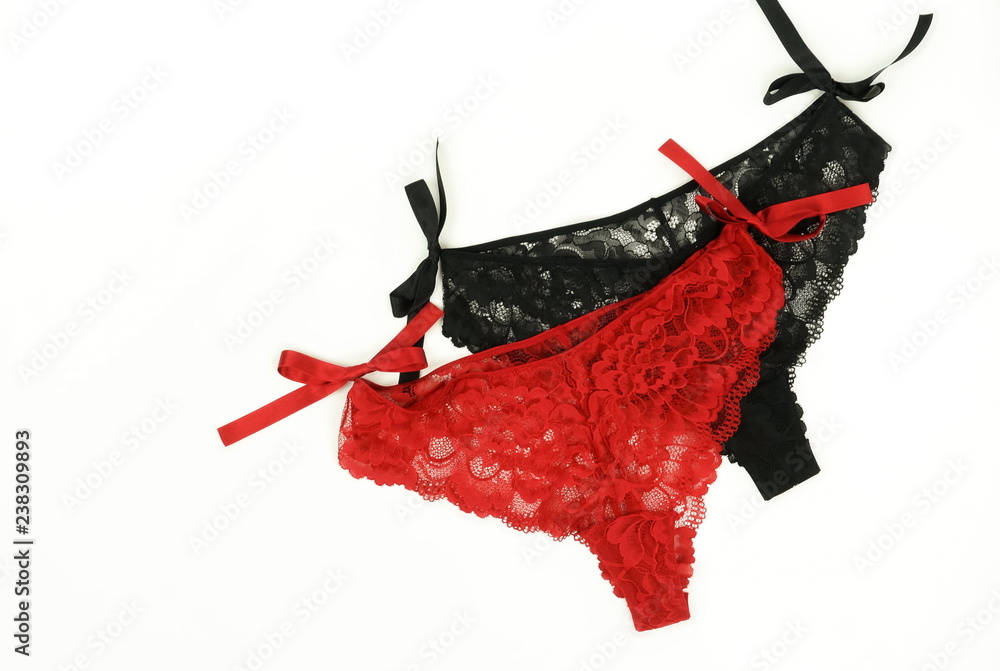 women's lace underwear lingerie panties red and black colors on white  background. Women's clothes. Top view. Copy space Stock Photo | Adobe Stock