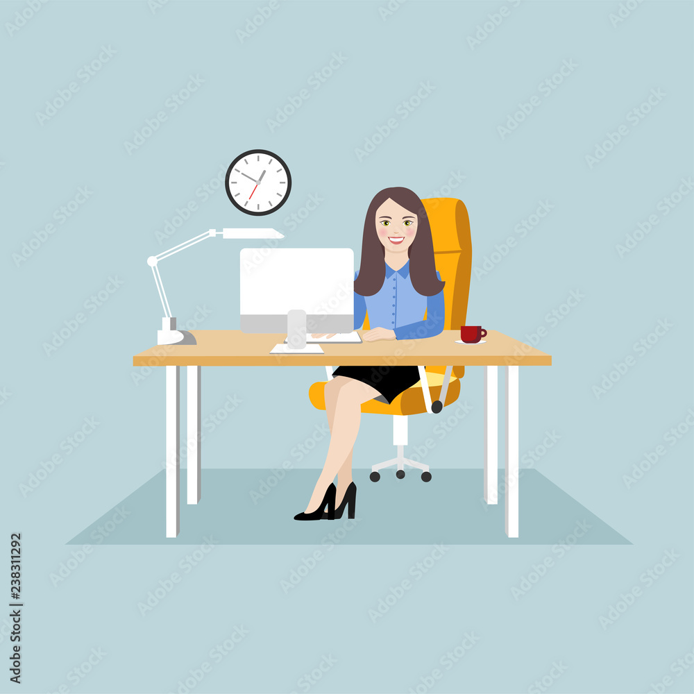 Happy business woman sitting at the computer in her workplace. Flat illustration on blue background. Happy business woman sitting at the computer in her workplace. Flat illustration on blue background.