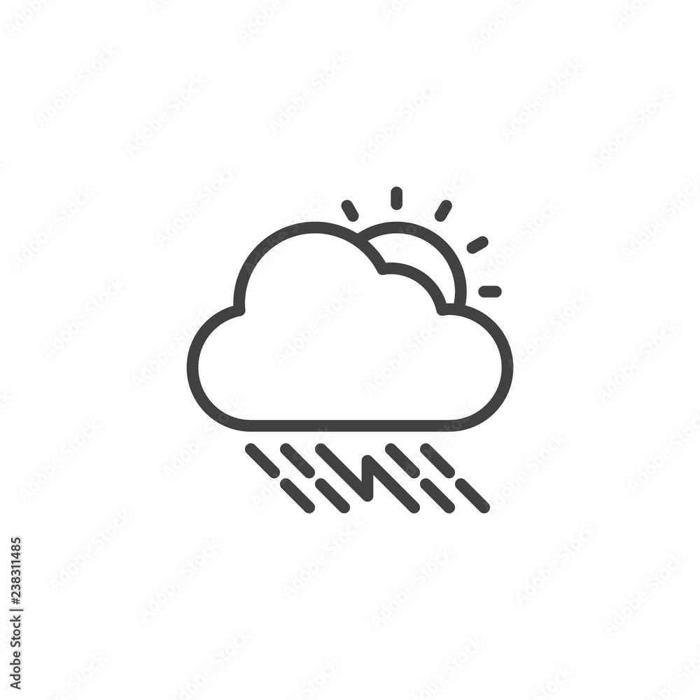 Sunny thunderstorm cloud with rain outline icon. linear style sign for mobile concept and web design. Rainy cloud with sun and lightning simple line vector icon. Symbol, logo illustration Sunny thunderstorm cloud with rain outline icon. linear style sign for mobile concept and web design. Rainy cloud with sun and lightning simple line vector icon. Symbol, logo illustration