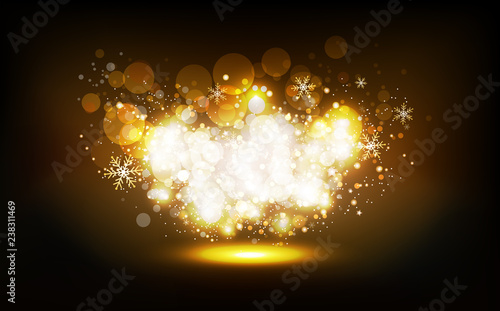 Golden stars scatter shimmer neon celebration confetti Christmas winter party, bright dust glowing, Bokeh blurry abstract background vector illustration