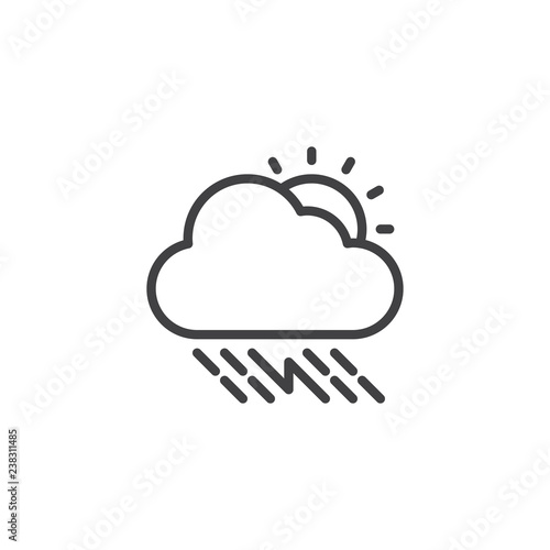 Sunny thunderstorm cloud with rain outline icon. linear style sign for mobile concept and web design. Rainy cloud with sun and lightning simple line vector icon. Symbol, logo illustration