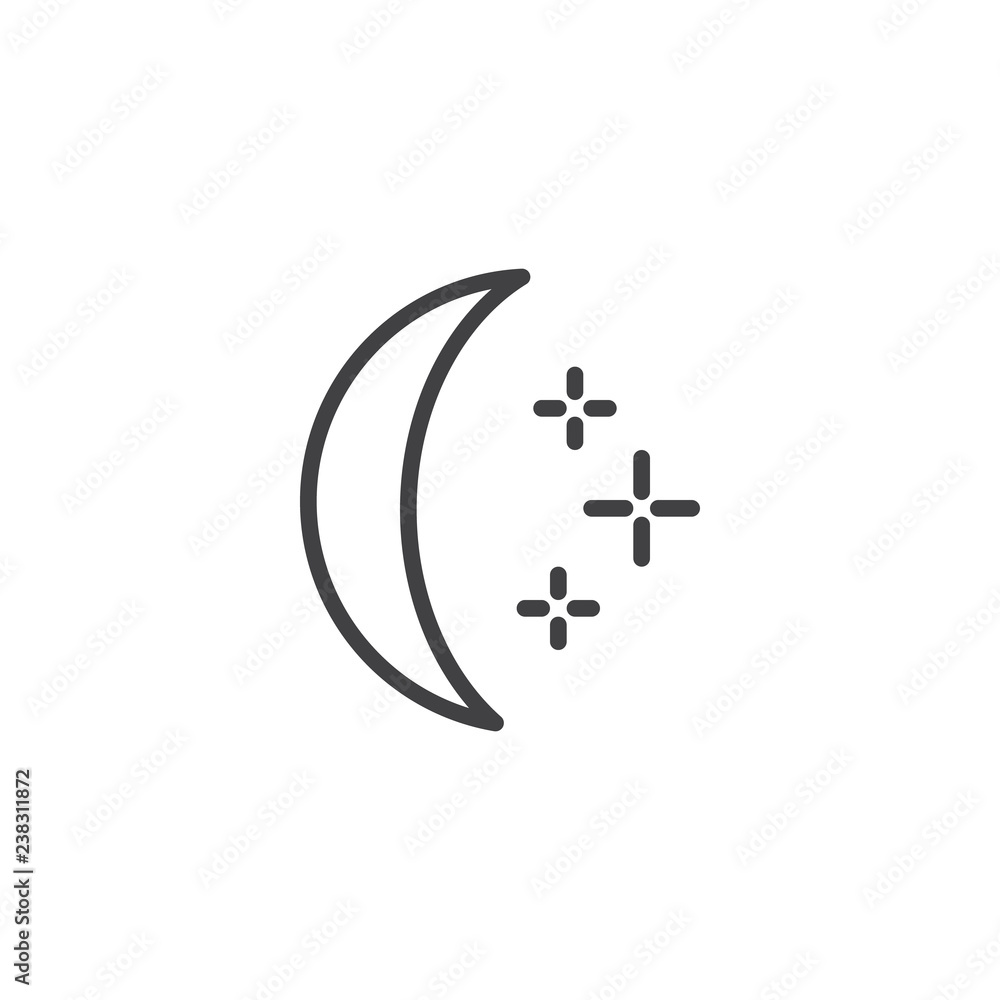 Crescent moon and stars outline icon. linear style sign for mobile concept and web design. Starry night weather simple line vector icon. Symbol, logo illustration. Pixel perfect vector graphics Crescent moon and stars outline icon. linear style sign for mobile concept and web design. Starry night weather simple line vector icon. Symbol, logo illustration. Pixel perfect vector graphics
