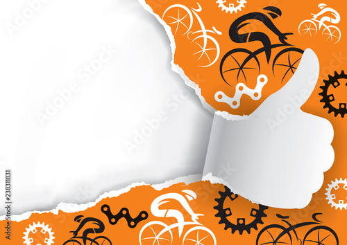 Thumbs up Ripped paper with cycling icons. 
Paper thumbs up with cycling icons on orange background with place for your text or image. Promotion template. Vector available. 