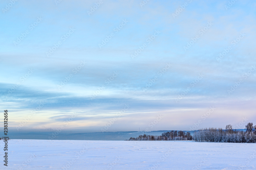picturesque view of snow-covered field at winter day 