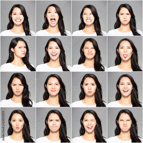 collage with different emotions in same young woman photo