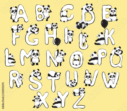 Panda bears cute animals english alphabet with cartoon baby illustrations