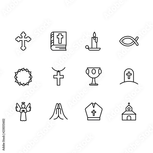 Basic RGBSimple set symbols religion and church line icon. Contains such icon religious cross, holy bible book, candle, crown of thorns, goblet, grail, temple, prayer, grave, death, angel.