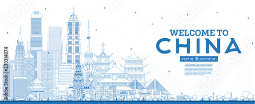 Outline Welcome to China Skyline with Blue Buildings.
