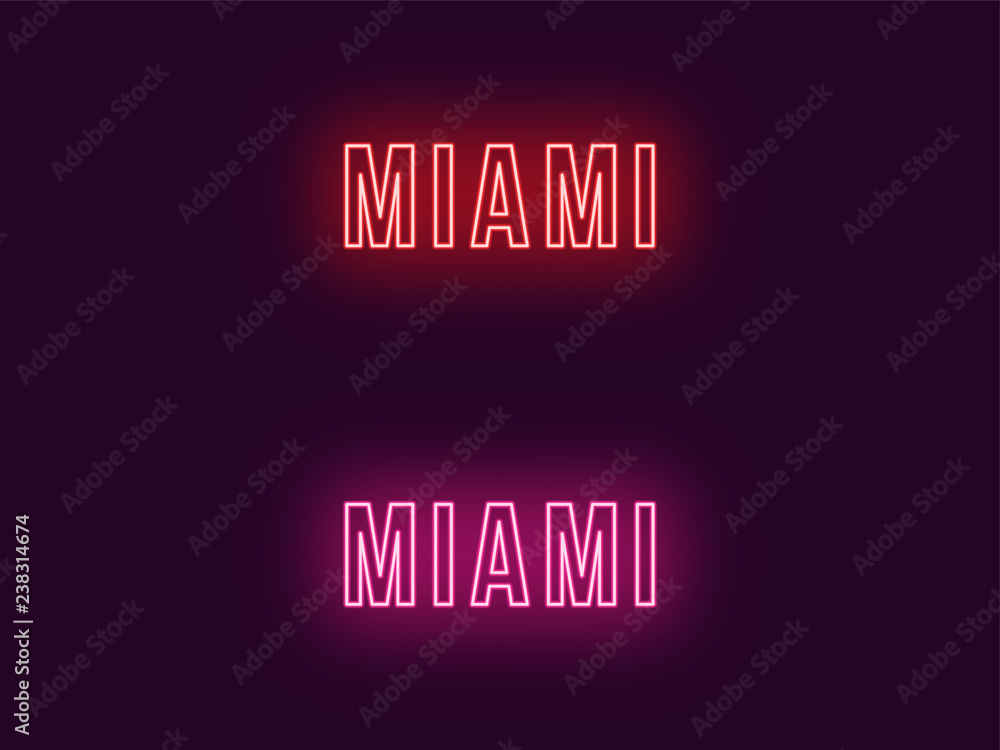 Neon name of Miami city in USA. Vector text Neon name of Miami city in USA. Vector text