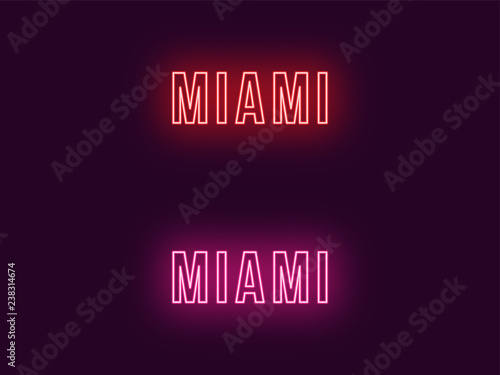 Neon name of Miami city in USA. Vector text