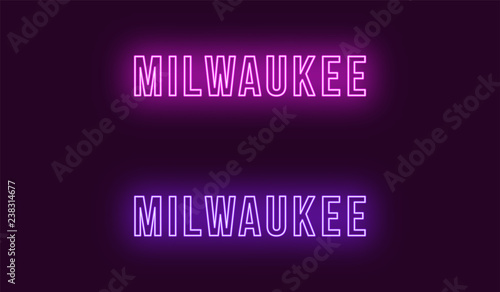 Neon name of Milwaukee city in USA. Vector text