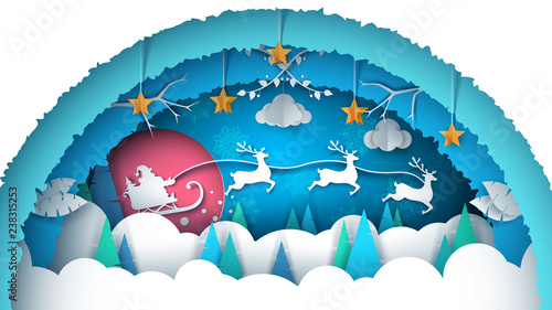 Merry christmas illustration. Cartoon paper landscape.