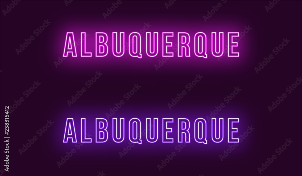 Neon name of Albuquerque city in USA. Vector text