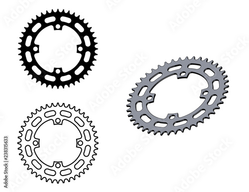 Sprocket wheel. Bicycle parts. 3D effect and flat vector