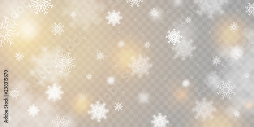 Christmas background with snowflakes isolated on transparent background. Beautiful falling snow, realistic vector illustration.