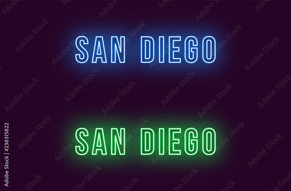 Neon name of San Diego city in USA. Vector text Neon name of San Diego city in USA. Vector text