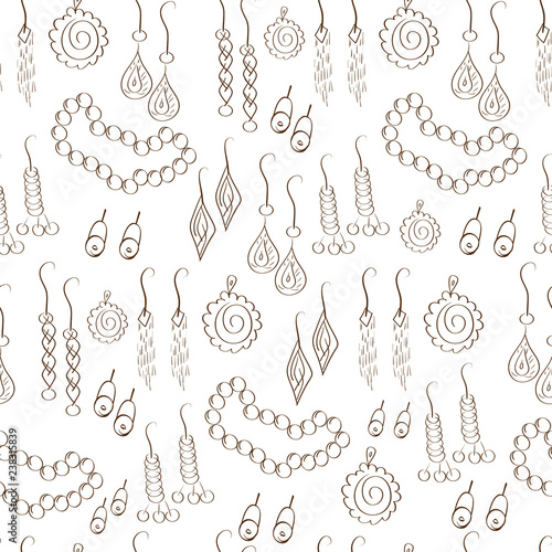 Jewelry, decorations. Earrings, pendants, necklaces. Background, wallpaper, seamless, sketch, doodle.