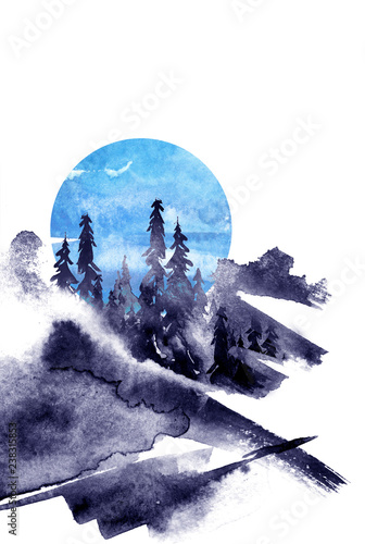 Watercolor group of trees - blue fir, pine, cedar, fir-tree. Forest on the slope, cliff, grief. Blue forest, landscape, fog forest landscape, slope, mountain. Full moon, eclipse. Isolated drawing