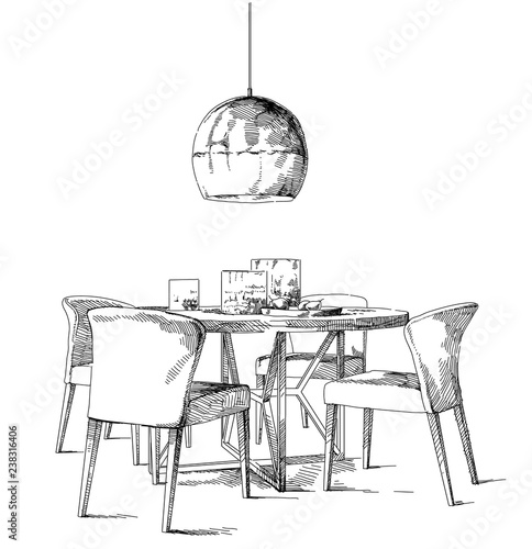 Comfortable modern interior hand drawing vector illustration.