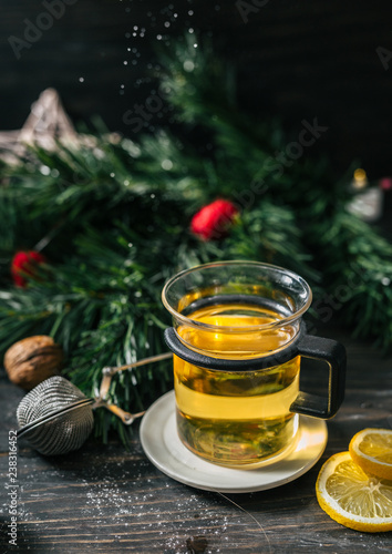 christmas tea concept with blurred green background