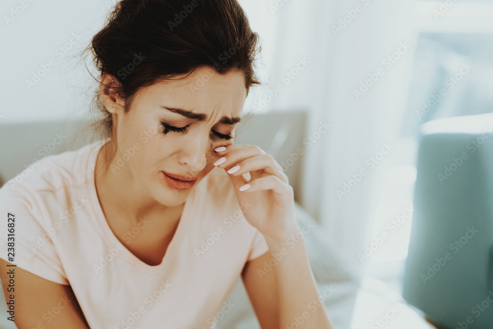 Lonely Woman Crying Alone With Flowed Mascara. Lonely Woman Crying Alone With Flowed Mascara.