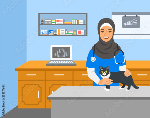 Veterinarian doctor arab woman holds cat on examination table in vet clinic. Vector cartoon illustration. Pets health care background. Domestic animals treatment concept. Veterinary professional
