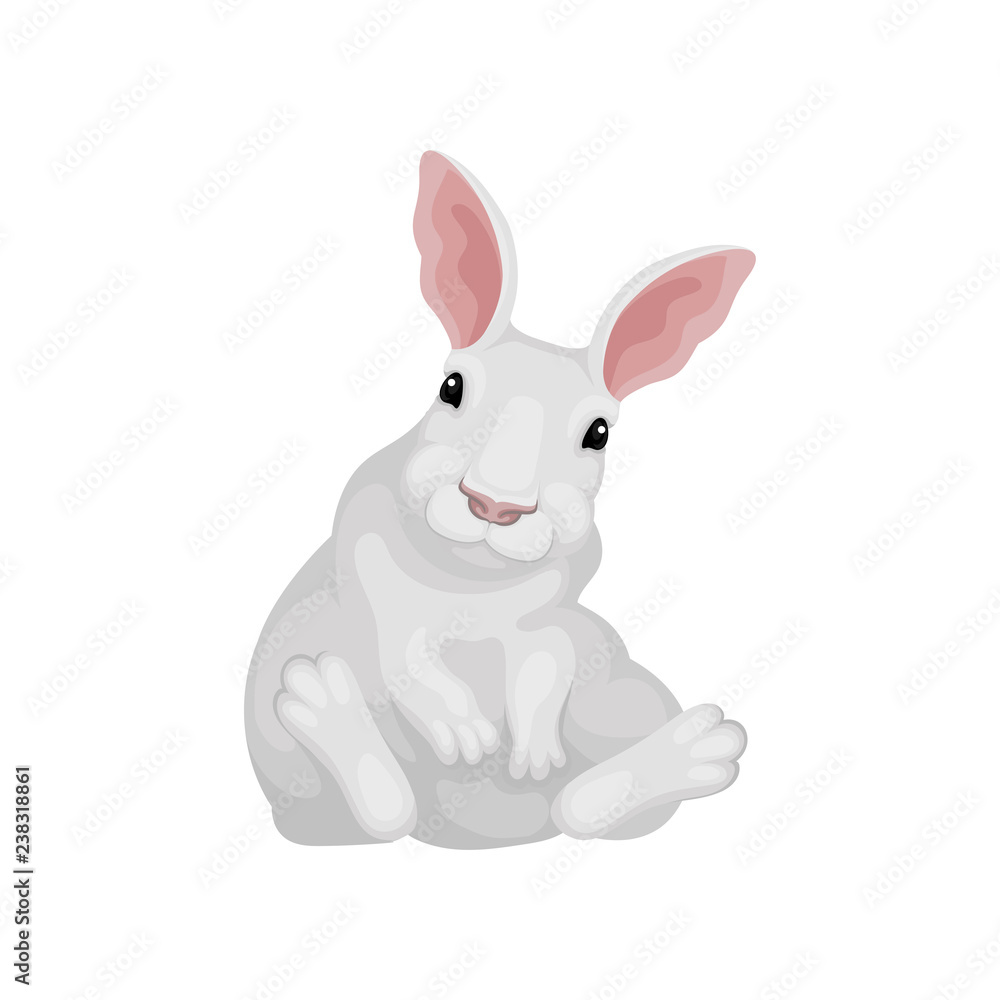 Funny rabbit sitting on floor. White hare with cute muzzle. Animal with long pink ears. Flat vector icon Funny rabbit sitting on floor. White hare with cute muzzle. Animal with long pink ears. Flat vector icon