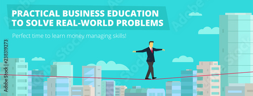 Businessman walking tightrope funambulist balance-master banner