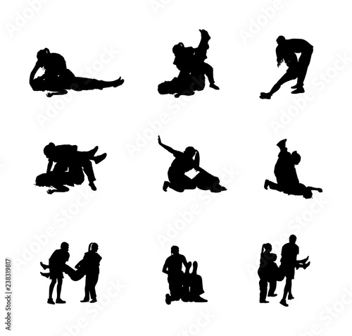 Paramedic rescue patient first aid vector silhouette. Woman in unconscious drowning. Drunk person overdose. Sneak attack victim rescue. CPR rescue team. Victim of fire evacuation. Earthquake rescue. 