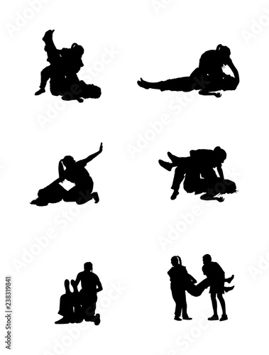 Paramedic rescue patient first aid vector silhouette. Woman in unconscious drowning. Drunk person overdose. Sneak attack victim rescue. CPR rescue team. Victim of fire evacuation. Earthquake rescue. 