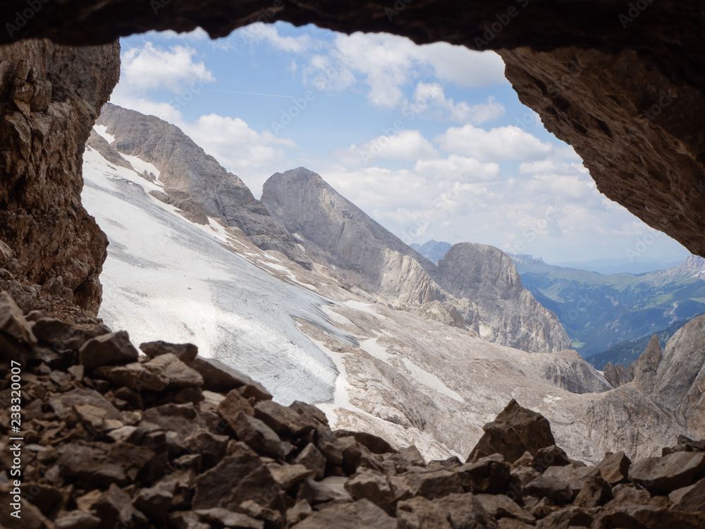 Obraz premium Marmolada, Italy. Landscape at the plateau and its glacier from the trenches of the First World War