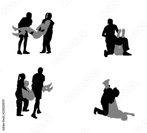 Paramedic rescue patient first aid vector silhouette. Woman in unconscious drowning. Drunk person overdose. Sneak attack victim rescue. CPR rescue team. Victim of fire evacuation. Earthquake rescue. 