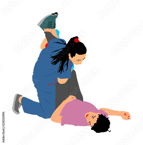 Paramedic rescue patient first aid vector illustration. Woman in unconscious drowning. Drunk person overdose. Sneak attack victim rescue. CPR rescue team. Victim of fire evacuation. Earthquake rescue 