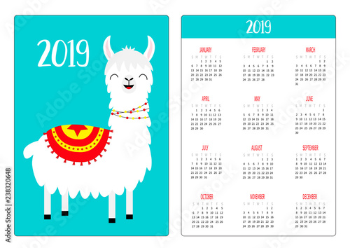 Cute llama alpaca standing smiling. Simple pocket calendar layout 2019 new year. Week starts Sunday. Vertical orientation. Cartoon kawaii funny baby character. Flat design. Blue background.