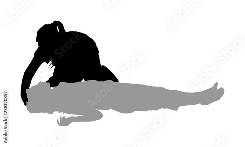 Rescue drowning first aid vector silhouette. Patient woman in unconscious. Drunk person overdose party. Sneak attack victim rescue. CPR rescue team. Victim of fire evacuation. Earthquake rescue. 