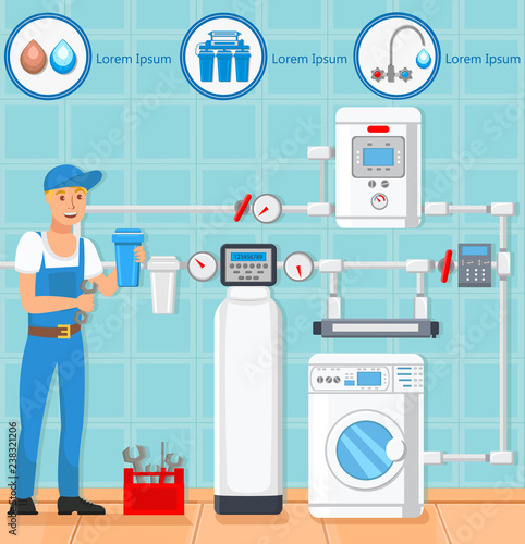 Laundry Room Repair, Plumber. Vector Illustration.