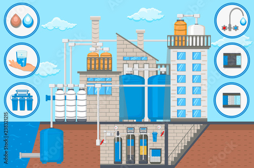 Water Treatment Industry. Water Tower. Vector.