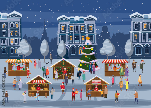 Christmas Fair, Market on town Anthropomorphic Set of animals in human winter clothes coats, jackets, shoes, slippers, Bear, cat, deer, horse, rabbit, hare, fox, elk, winter, snow. Vector, flat style