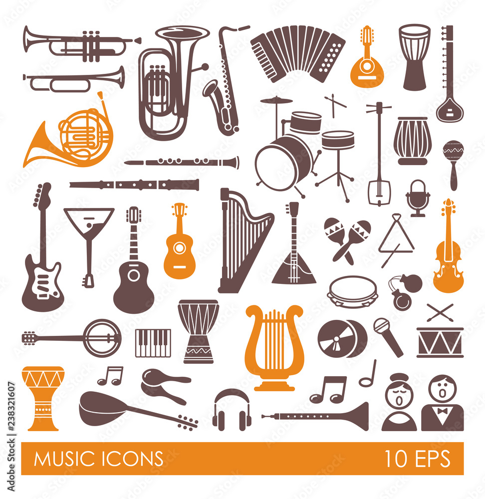 Obraz premium Silhouettes of musical instruments. Icon set in flat style