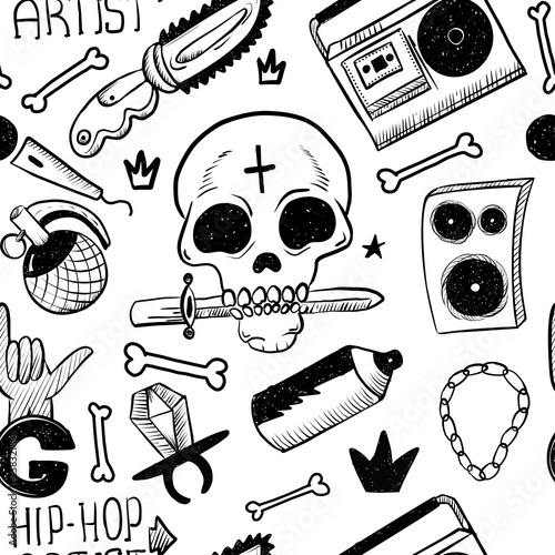 Rap Music. Hip hop doodle pattern with rap attributes