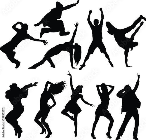 Ten silhouettes of dancing people.