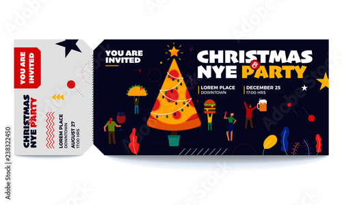 Christmas and New Year vector tickets templates. Ticket for entrance to the party. Modern elegant template of Ticket Card. Vector illustration of people, food and wine. Food People Party Concept